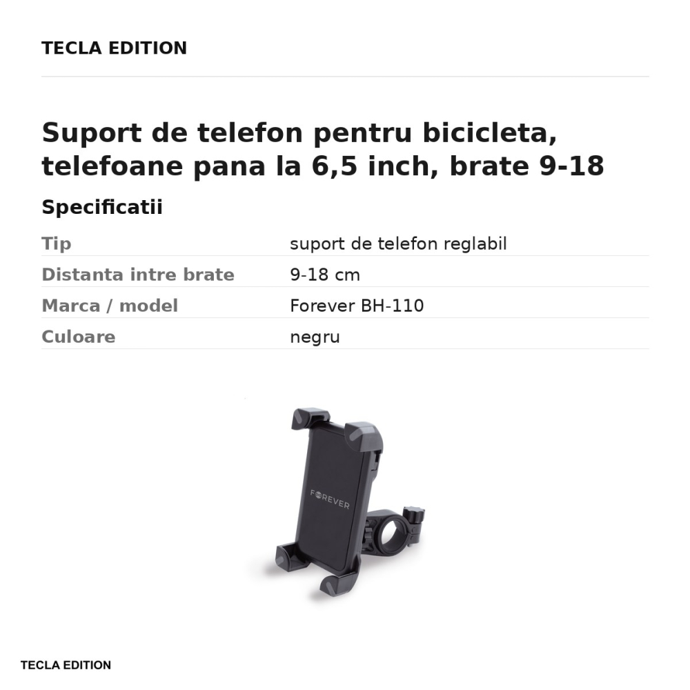 Suport de telefon pentru bicicleta, telefoane pana la 6,5 inch, brate 9-18 cm, montaj pe ghidon, Forever BH-110, negru [3]