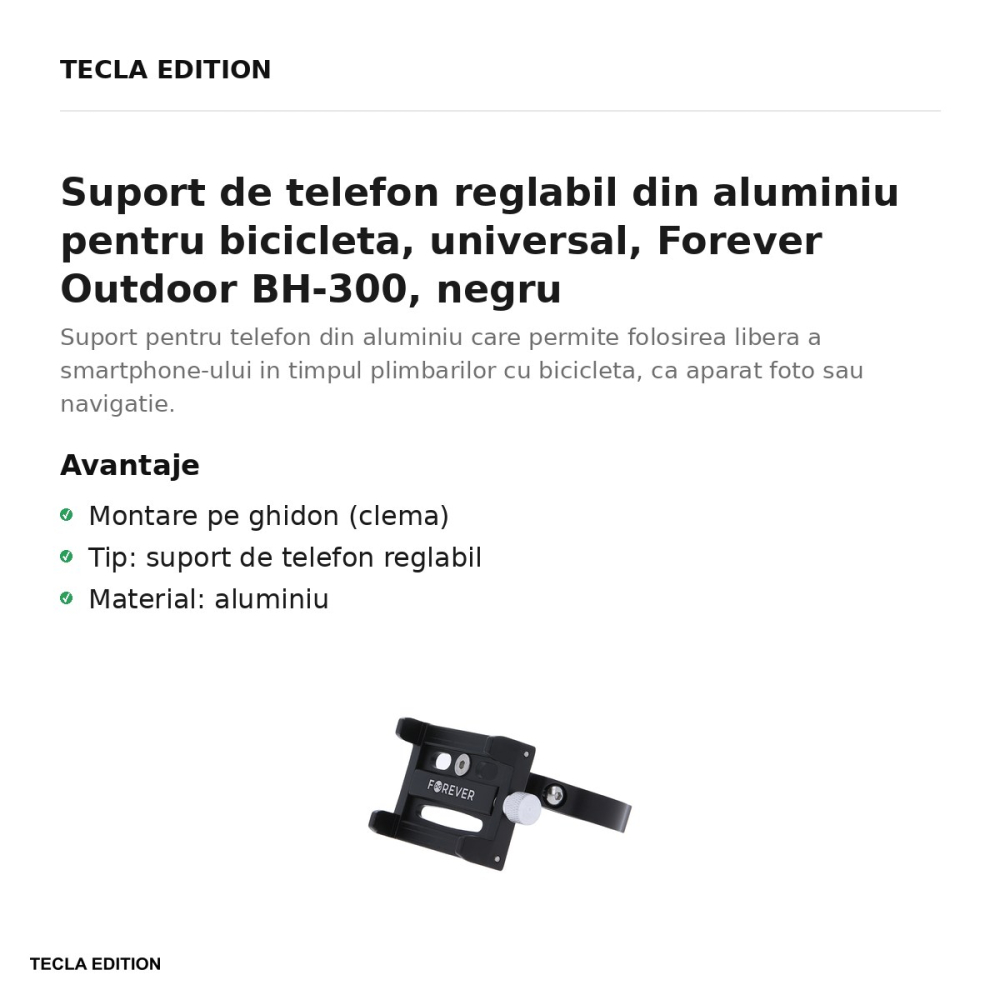 Suport de telefon reglabil din aluminiu pentru bicicleta, universal, Forever Outdoor BH-300, negru [2]