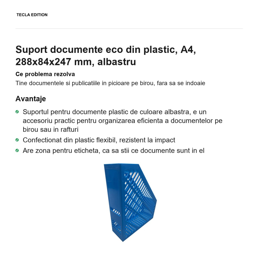 Suport documente eco din plastic, A4, 288x84x247 mm, albastru [2]