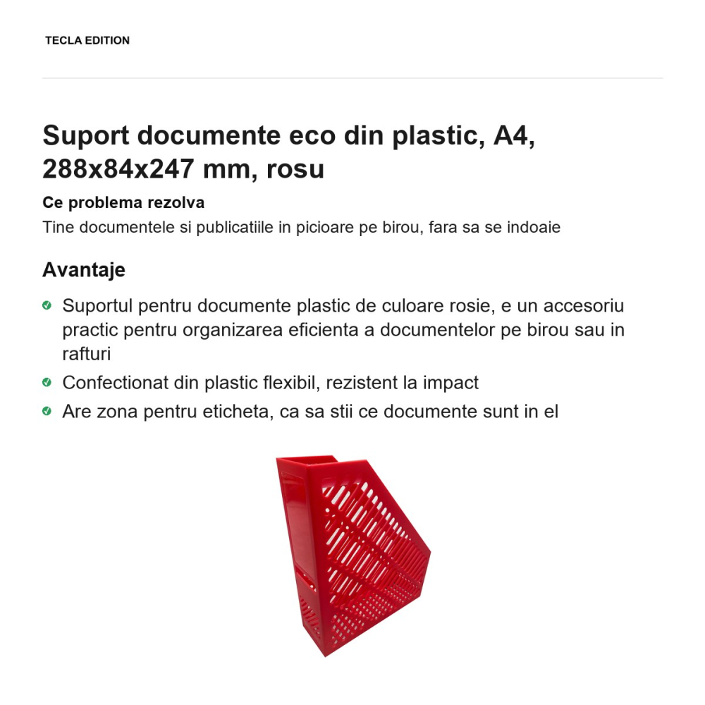 Suport documente eco din plastic, A4, 288x84x247 mm, rosu [2]