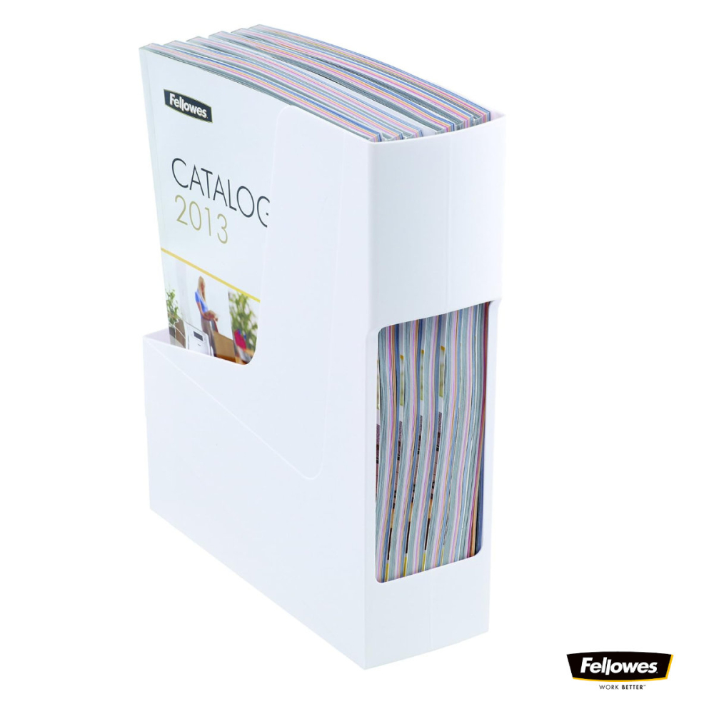 Suport documente plastic vertical, Fellowes, 80% material reciclat, culoare alb, pentru reviste si cataloage, dimensiuni 300 x 84 x 266 mm [3]
