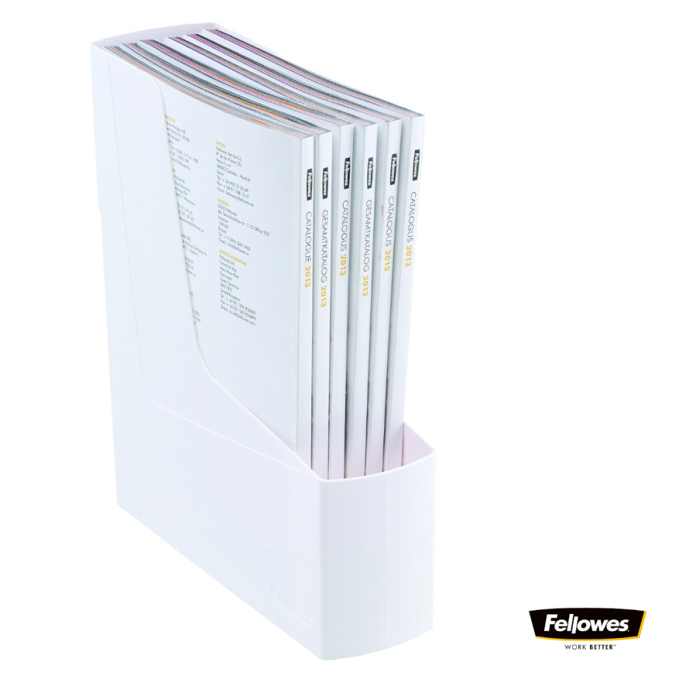 Suport documente plastic vertical, Fellowes, 80% material reciclat, culoare alb, pentru reviste si cataloage, dimensiuni 300 x 84 x 266 mm [5]