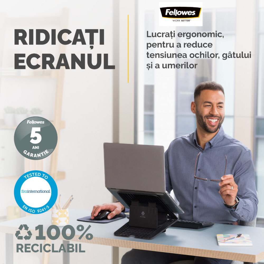 Suport ergonomic pentru laptop, Fellowes Breyta, pliabil, 12 pozitii de inaltime, suporta laptop pana la 14 inch (4 kg), pentru birou si mobil [5]