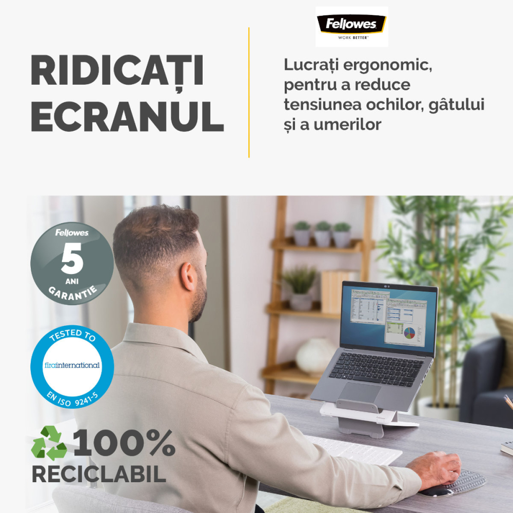 Suport ergonomic pentru laptop, Fellowes Breyta, pliabil, 12 pozitii de inaltime, suporta laptop pana la 14 inch (4 kg), pentru birou si mobil, culoare alb [6]
