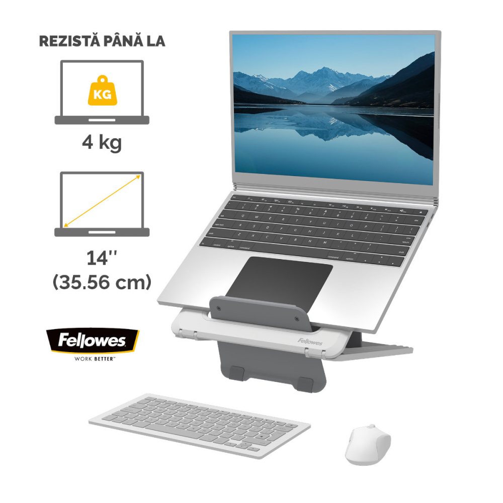 Suport ergonomic pentru laptop, Fellowes Breyta, pliabil, 12 pozitii de inaltime, suporta laptop pana la 14 inch (4 kg), pentru birou si mobil, culoare alb [5]