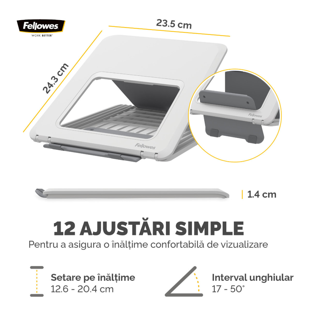 Suport ergonomic pentru laptop, Fellowes Breyta, pliabil, 12 pozitii de inaltime, suporta laptop pana la 14 inch (4 kg), pentru birou si mobil, culoare alb [4]