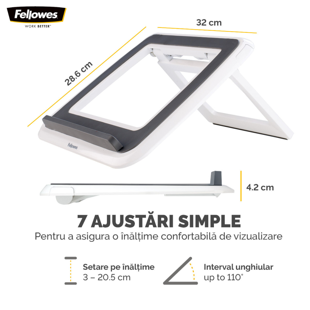 Suport ergonomic pentru laptop, Fellowes I-Spire Quick-Lift, 7 unghiuri reglabile, pliabil, pentru laptop pana la 17 inch (4.5 kg), alb [2]
