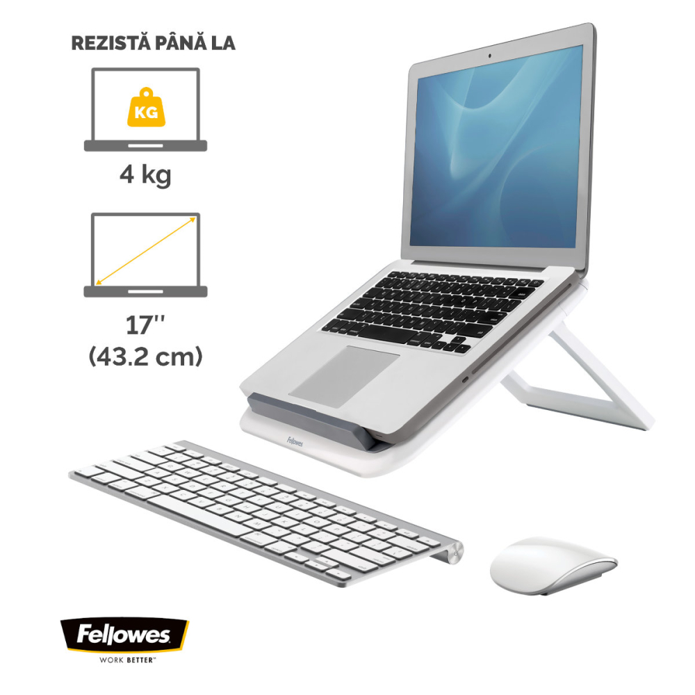 Suport ergonomic pentru laptop, Fellowes I-Spire Quick-Lift, 7 unghiuri reglabile, pliabil, pentru laptop pana la 17 inch (4.5 kg), alb [4]