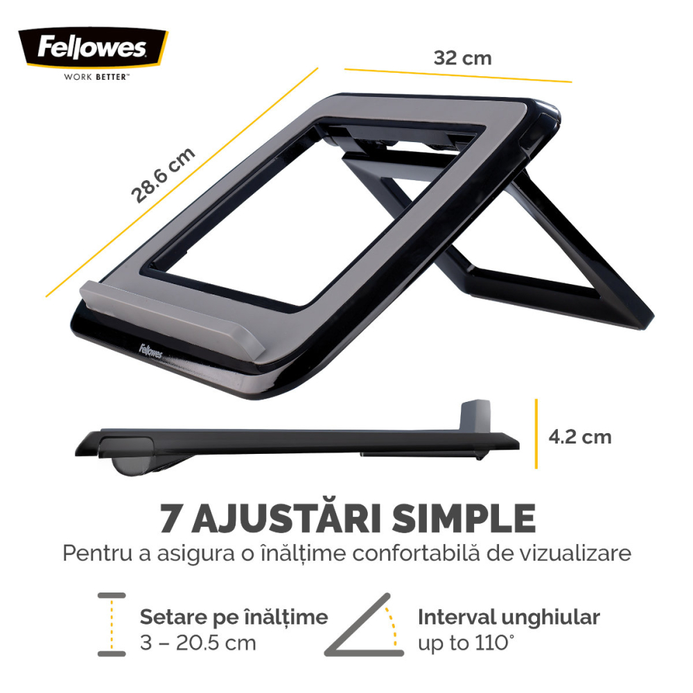 Suport ergonomic pentru laptop, Fellowes I-Spire Quick-Lift, 7 unghiuri reglabile, pliabil, pentru laptop pana la 17 inch (4.5 kg), negru [2]