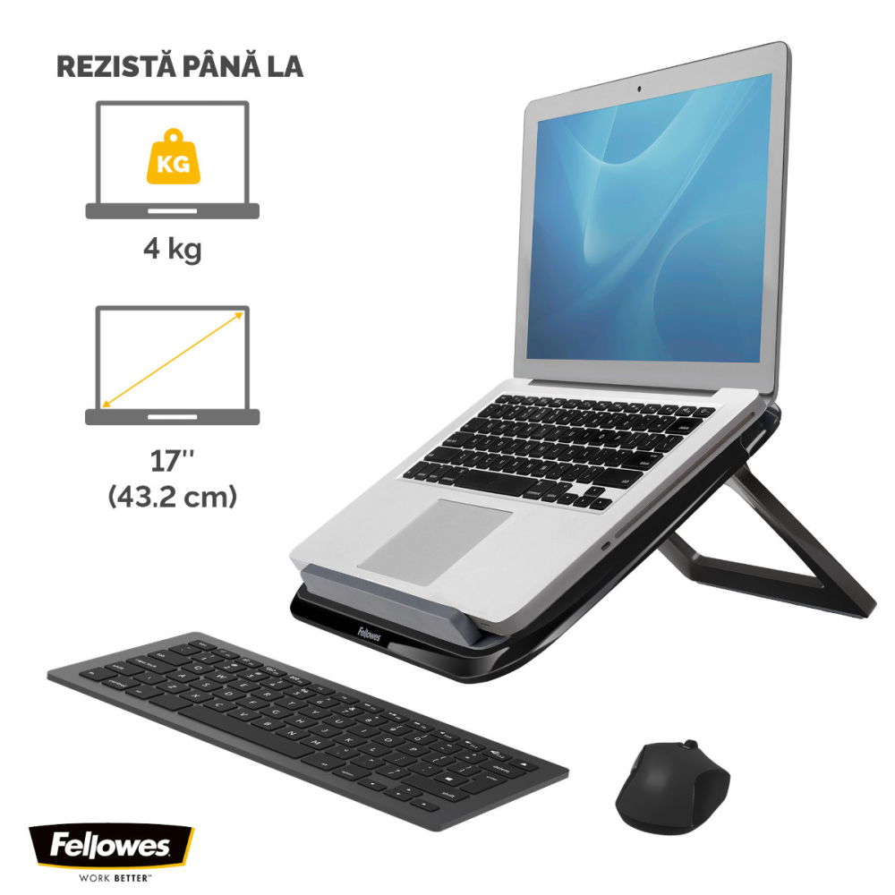 Suport ergonomic pentru laptop, Fellowes I-Spire Quick-Lift, 7 unghiuri reglabile, pliabil, pentru laptop pana la 17 inch (4.5 kg), negru [5]