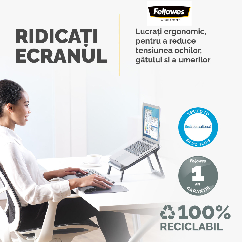 Suport ergonomic pentru laptop, Fellowes I-Spire Quick-Lift, 7 unghiuri reglabile, pliabil, pentru laptop pana la 17 inch (4.5 kg), negru [3]