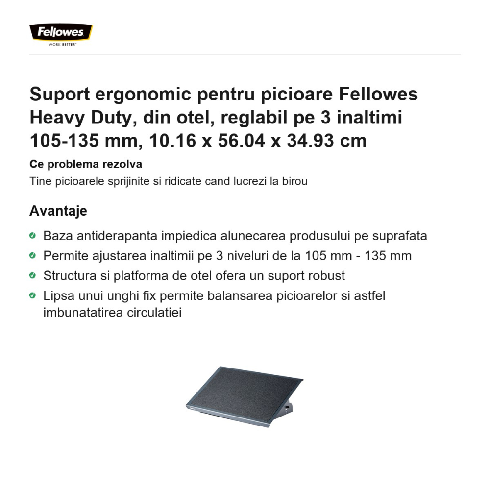 Suport ergonomic pentru picioare Fellowes Heavy Duty, din otel, reglabil pe 3 inaltimi 105-135 mm, 10.16 x 56.04 x 34.93 cm [2]