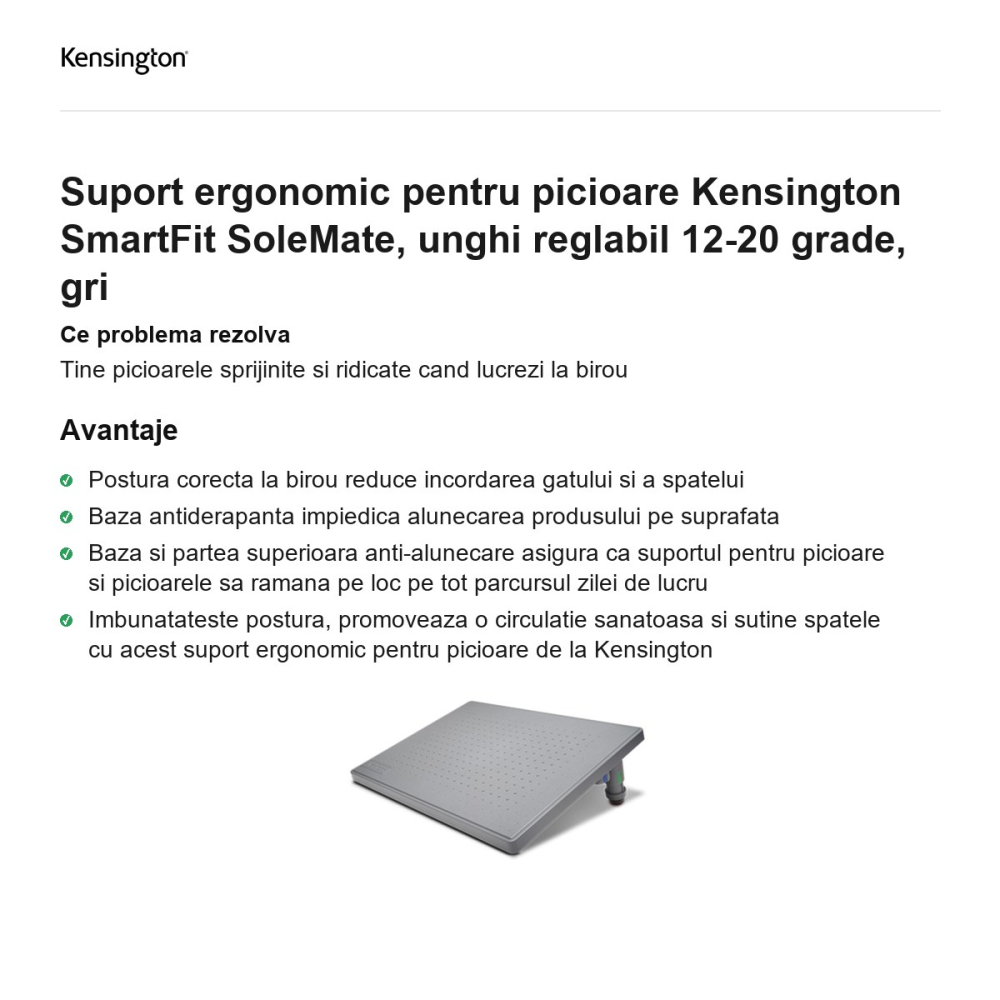 Suport ergonomic pentru picioare Kensington SmartFit SoleMate, unghi reglabil 12-20 grade, gri [2]