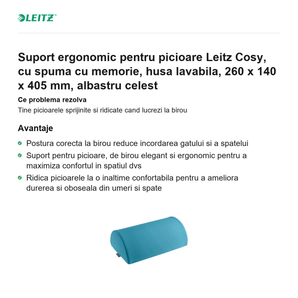 Suport ergonomic pentru picioare Leitz Cosy, cu spuma cu memorie, husa lavabila, 260 x 140 x 405 mm, albastru celest [2]