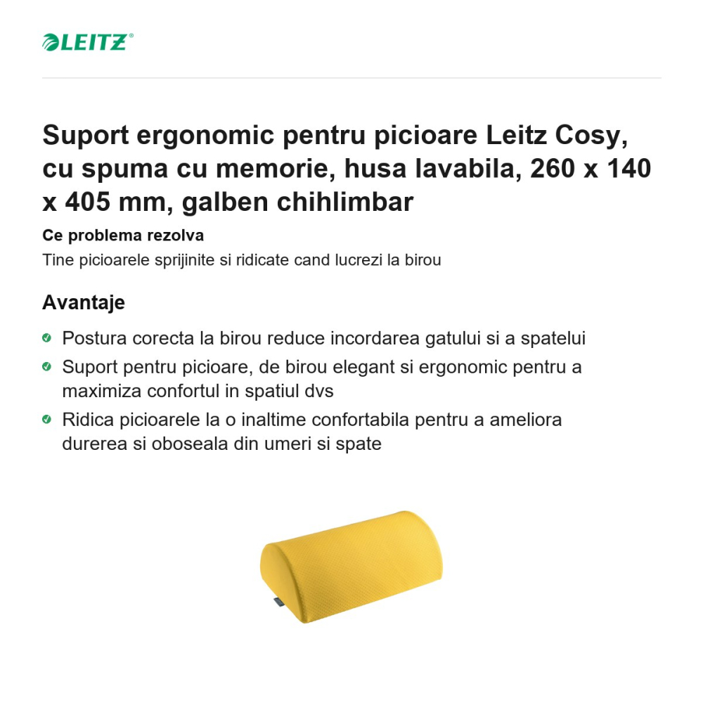 Suport ergonomic pentru picioare Leitz Cosy, cu spuma cu memorie, husa lavabila, 260 x 140 x 405 mm, galben chihlimbar [2]