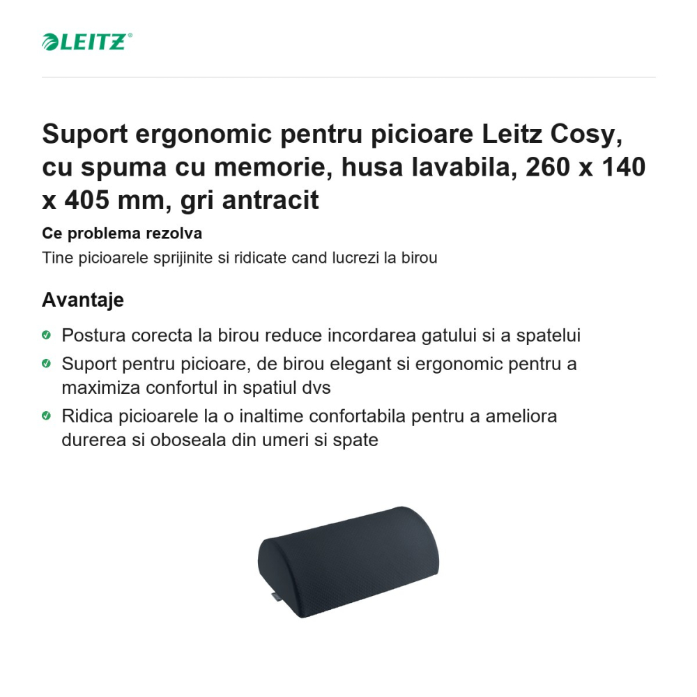 Suport ergonomic pentru picioare Leitz Cosy, cu spuma cu memorie, husa lavabila, 260 x 140 x 405 mm, gri antracit [2]