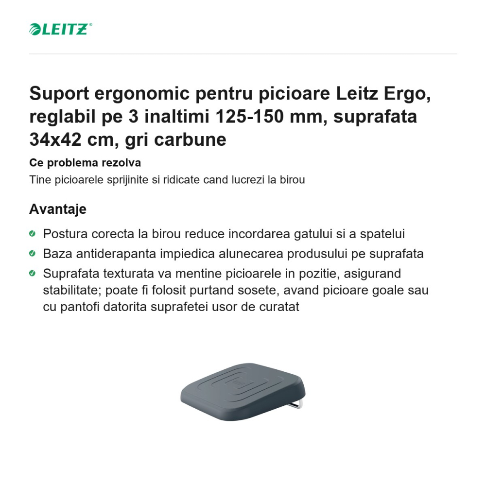 Suport ergonomic pentru picioare Leitz Ergo, reglabil pe 3 inaltimi 125-150 mm, suprafata 34x42 cm, gri carbune [2]