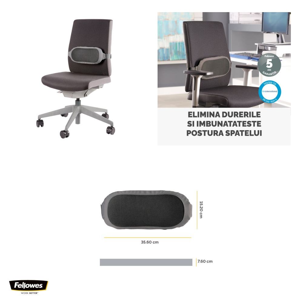 Suport ergonomic pentru spate Fellowes I-Spire, cu perna din spuma si plasa, curea reglabila, 6.5 x 35 x 19 cm, gri [4]