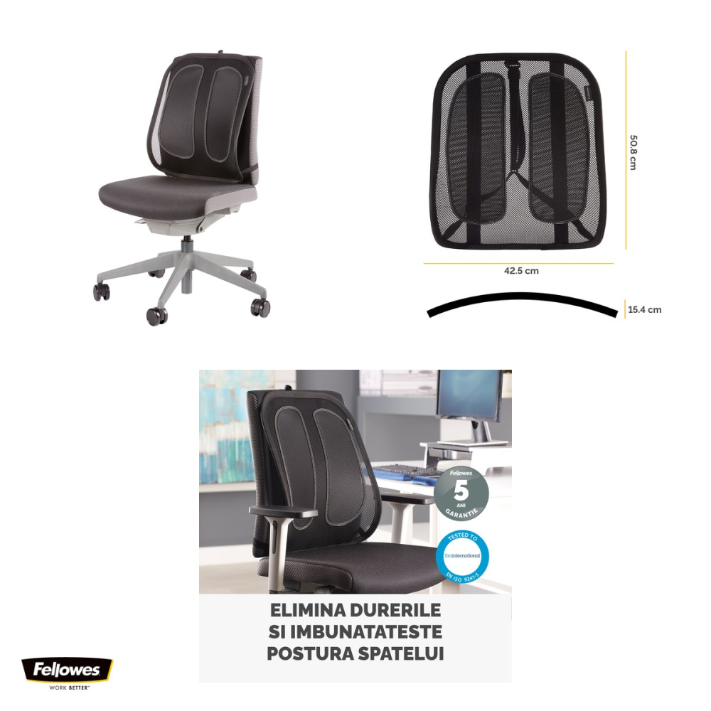 Suport ergonomic pentru spate Fellowes Mesh, din plasa, cu fixare Tri-Tensioning, 51.28 x 43.97 x 14.13 cm [4]
