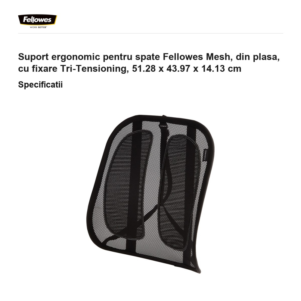 Suport ergonomic pentru spate Fellowes Mesh, din plasa, cu fixare Tri-Tensioning, 51.28 x 43.97 x 14.13 cm [3]