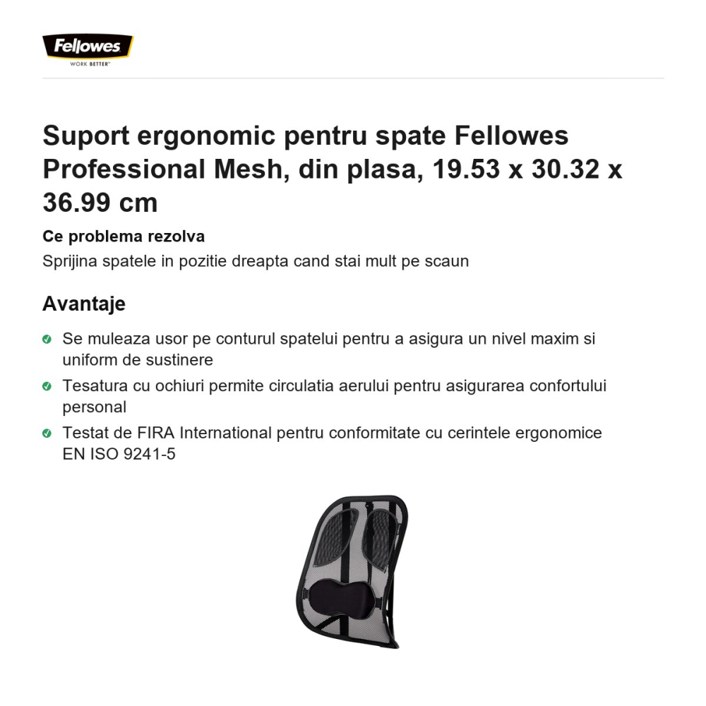 Suport ergonomic pentru spate Fellowes Professional Mesh, din plasa, 19.53 x 30.32 x 36.99 cm [2]