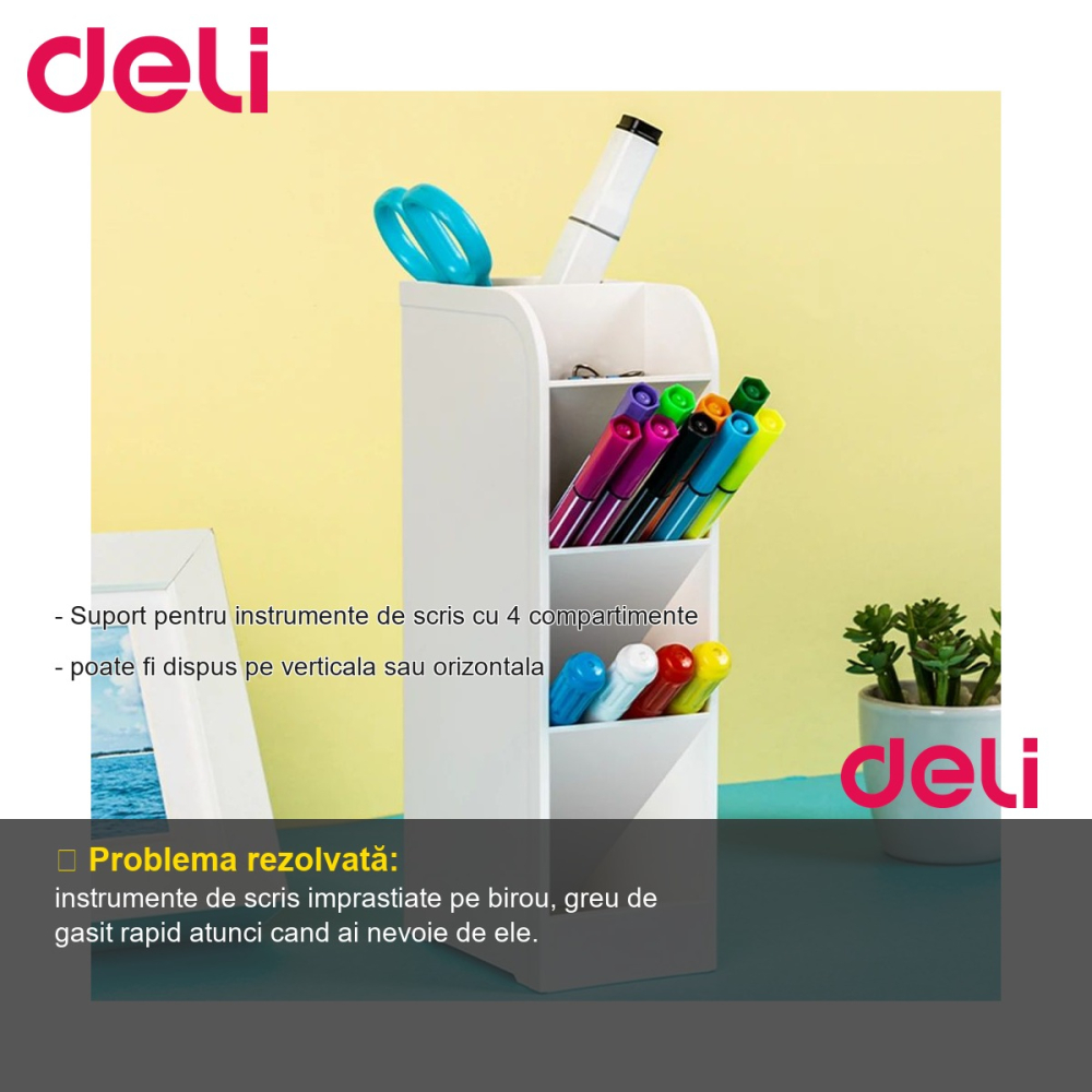 Suport instrumente de scris Deli, 4 compartimente, alb, pozitionare verticala sau orizontala, pentru birou [2]