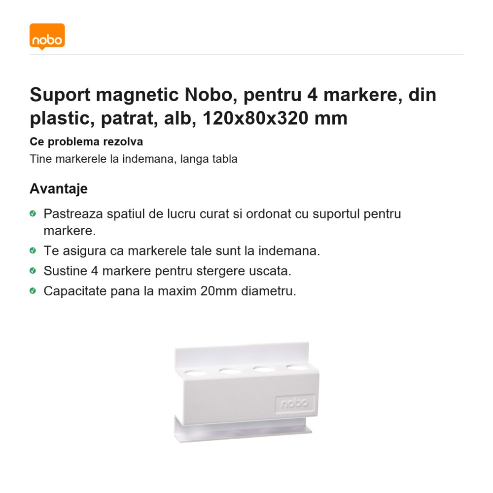 Suport magnetic Nobo, pentru 4 markere, din plastic, patrat, alb, 120x80x320 mm [2]