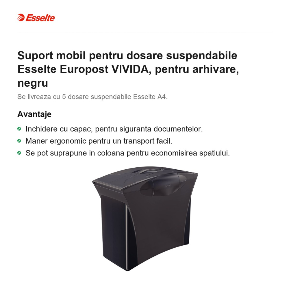 Suport mobil pentru dosare suspendabile Esselte Europost VIVIDA, pentru arhivare, negru [2]