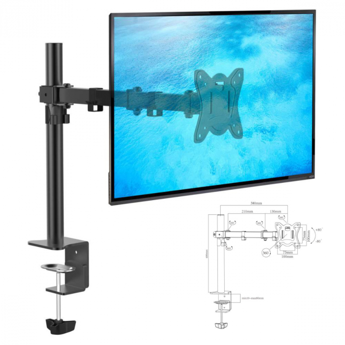 Suport monitor cu brat mobil, 10''- 27'', inaltime maxima 410mm, rotatie 360° si inclinatie 90°, VESA 75x75 - 100x100, max. 8 kg, negru [4]