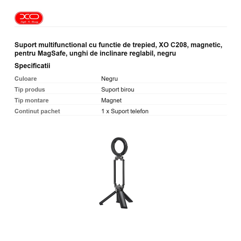 Suport multifunctional cu functie de trepied, XO C208, magnetic, pentru MagSafe, unghi de inclinare reglabil, negru [3]