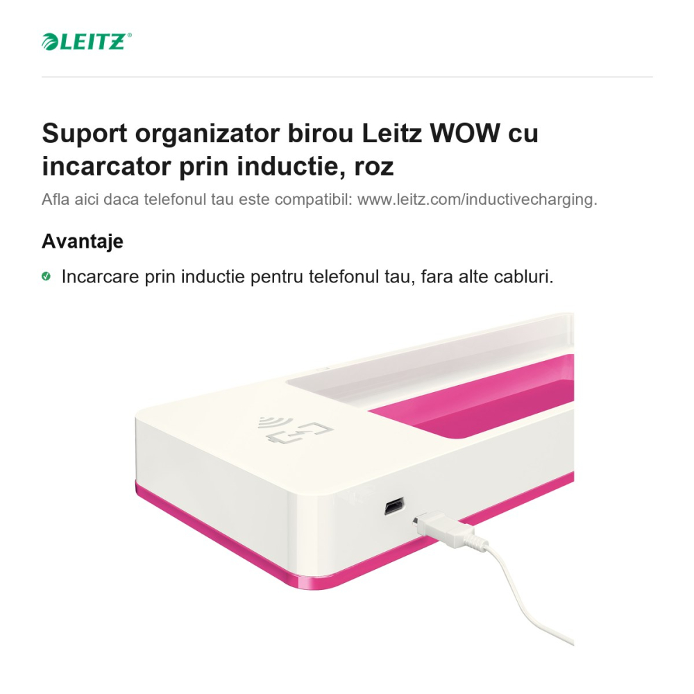 Suport organizator birou Leitz WOW cu incarcator prin inductie, roz [2]