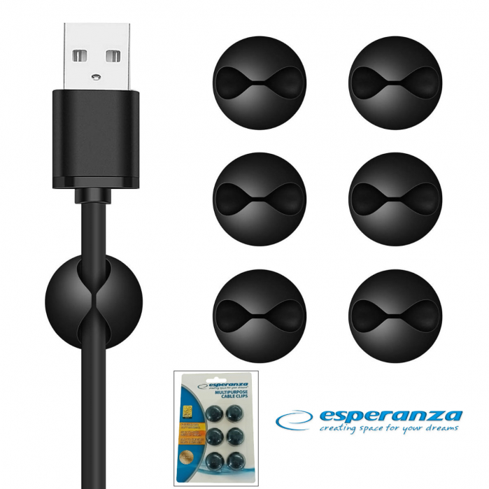 Set 6 cleme adezive pentru organizare cabluri, Esperanza 90834, diametru 28mm, negre [2]