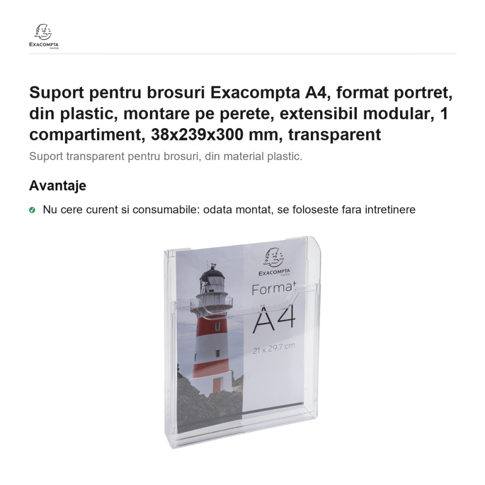Suport pentru brosuri Exacompta A4, format portret, din plastic, montare pe perete, extensibil modular, 1 compartiment, 38x239x300 mm, transparent [2]