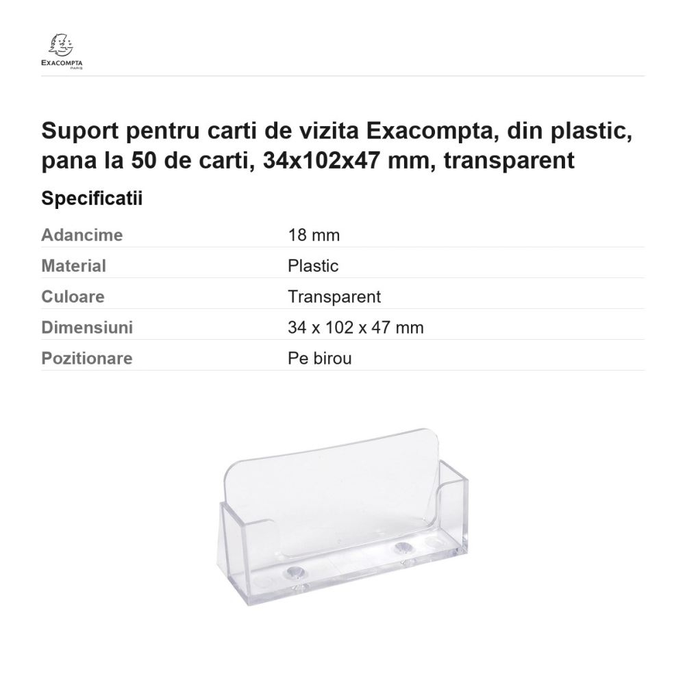 Suport pentru carti de vizita Exacompta, din plastic, pana la 50 de carti, 34x102x47 mm, transparent [3]