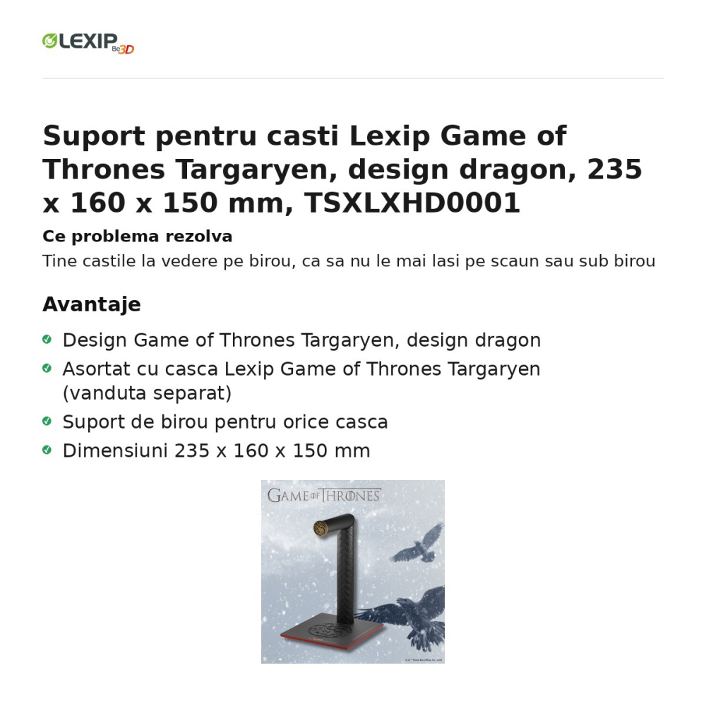 Suport pentru casti Lexip Game of Thrones Targaryen, design dragon, 235 x 160 x 150 mm, TSXLXHD0001 [2]