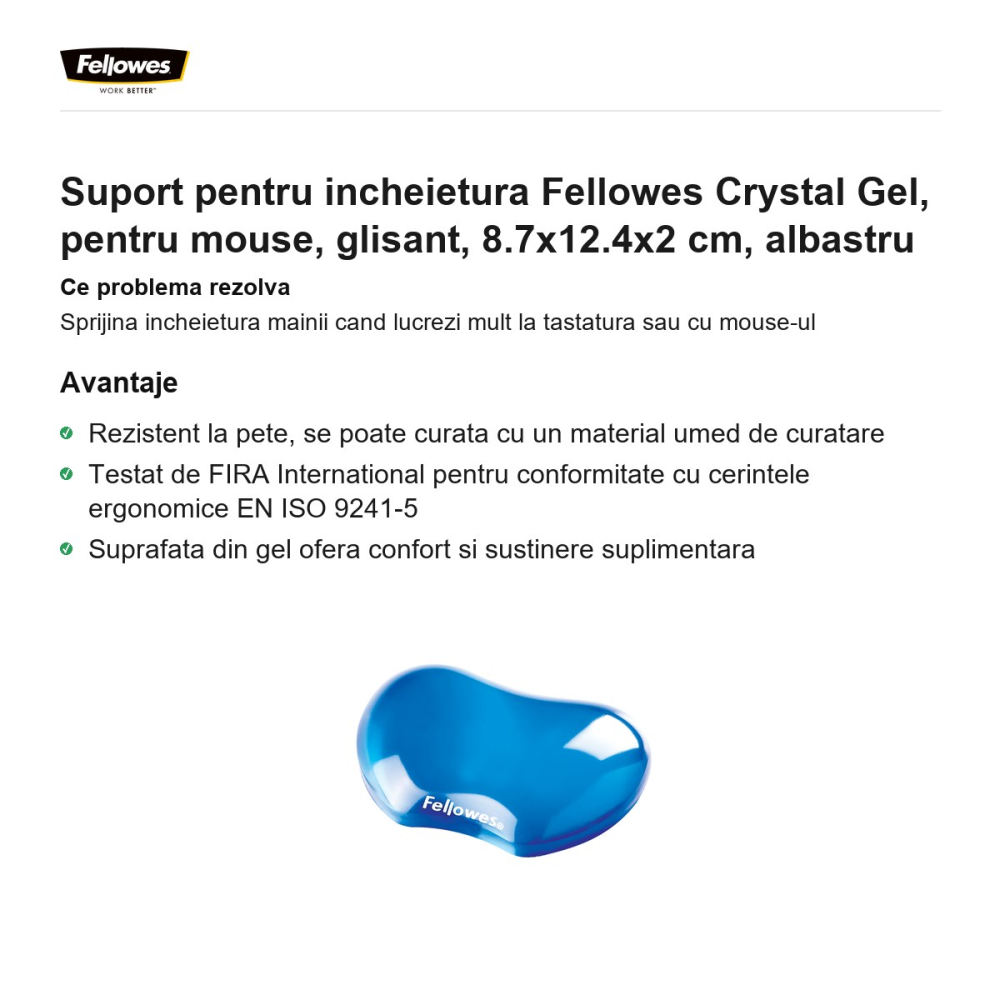 Suport pentru incheietura Fellowes Crystal Gel, pentru mouse, glisant, 8.7x12.4x2 cm, albastru [2]
