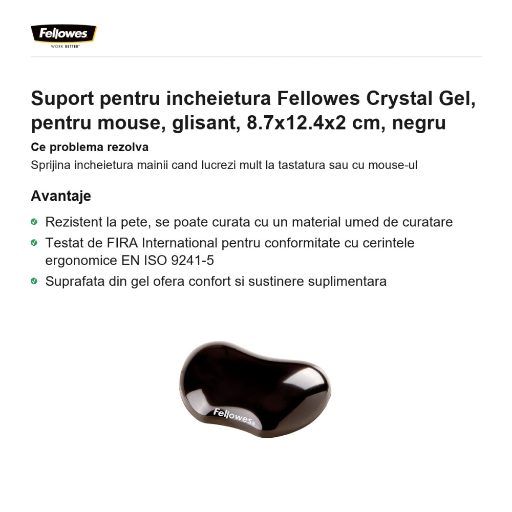 Suport pentru incheietura Fellowes Crystal Gel, pentru mouse, glisant, 8.7x12.4x2 cm, negru [2]