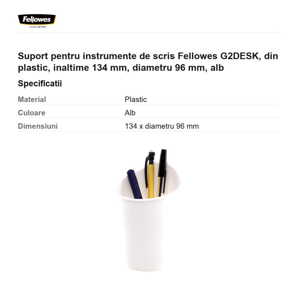 Suport pentru instrumente de scris Fellowes G2DESK, din plastic, inaltime 134 mm, diametru 96 mm, alb [3]