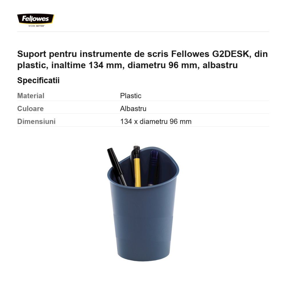 Suport pentru instrumente de scris Fellowes G2DESK, din plastic, inaltime 134 mm, diametru 96 mm, albastru [3]