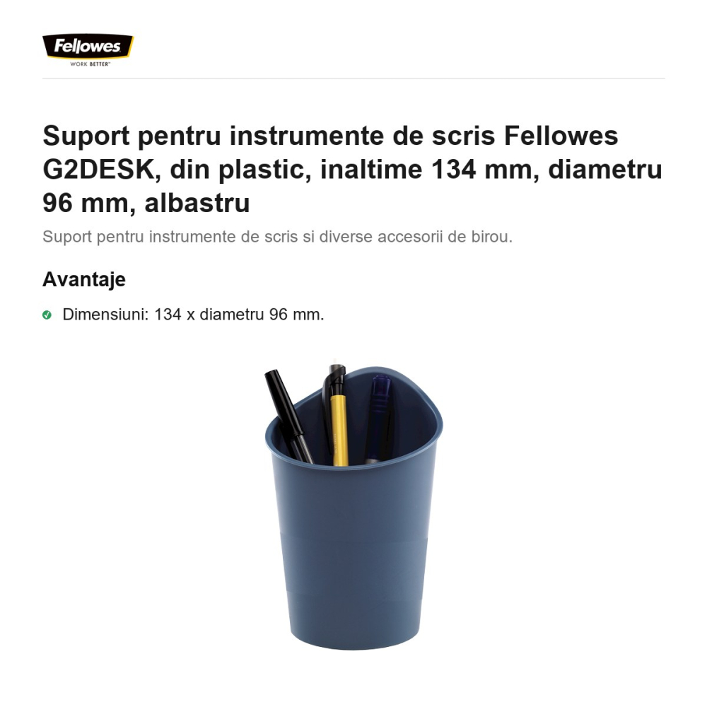 Suport pentru instrumente de scris Fellowes G2DESK, din plastic, inaltime 134 mm, diametru 96 mm, albastru [2]