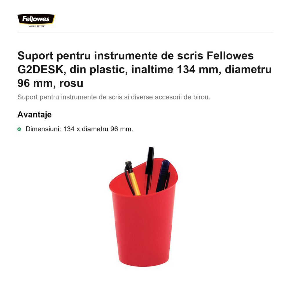 Suport pentru instrumente de scris Fellowes G2DESK, din plastic, inaltime 134 mm, diametru 96 mm, rosu [2]
