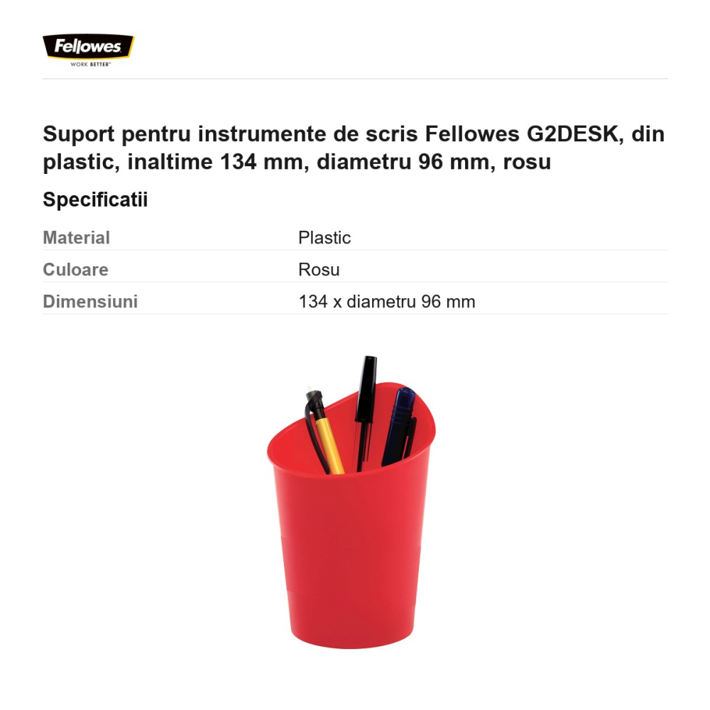 Suport pentru instrumente de scris Fellowes G2DESK, din plastic, inaltime 134 mm, diametru 96 mm, rosu [3]