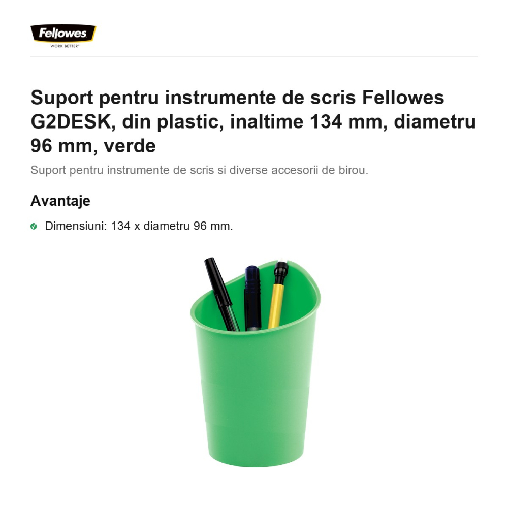Suport pentru instrumente de scris Fellowes G2DESK, din plastic, inaltime 134 mm, diametru 96 mm, verde [2]