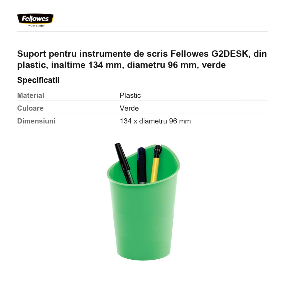 Suport pentru instrumente de scris Fellowes G2DESK, din plastic, inaltime 134 mm, diametru 96 mm, verde [3]