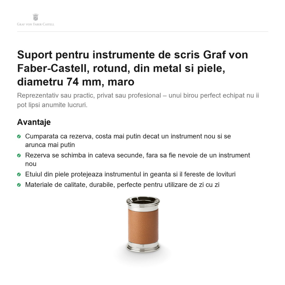 Suport pentru instrumente de scris Graf von Faber-Castell, rotund, din metal si piele, diametru 74 mm, maro [2]