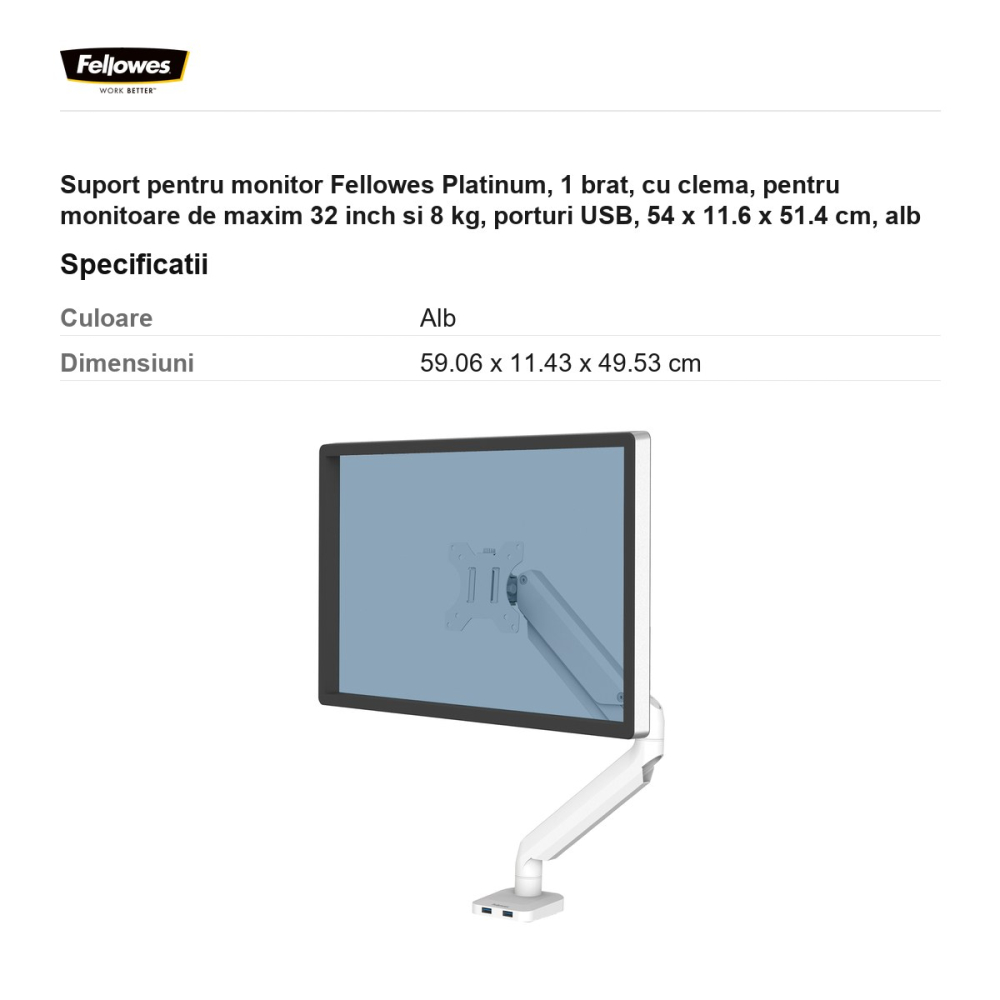 Suport pentru monitor Fellowes Platinum, 1 brat, cu clema, pentru monitoare de maxim 32 inch si 8 kg, porturi USB, 54 x 11.6 x 51.4 cm, alb [3]