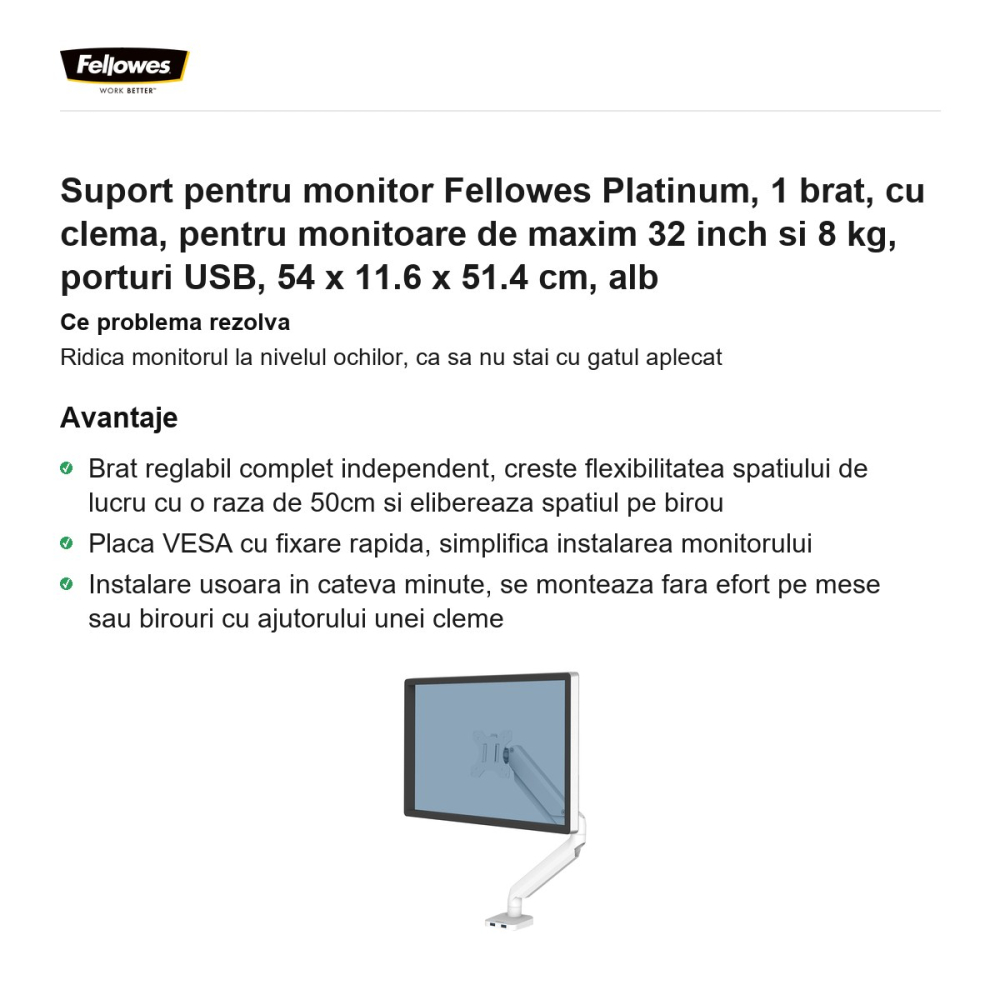 Suport pentru monitor Fellowes Platinum, 1 brat, cu clema, pentru monitoare de maxim 32 inch si 8 kg, porturi USB, 54 x 11.6 x 51.4 cm, alb [2]