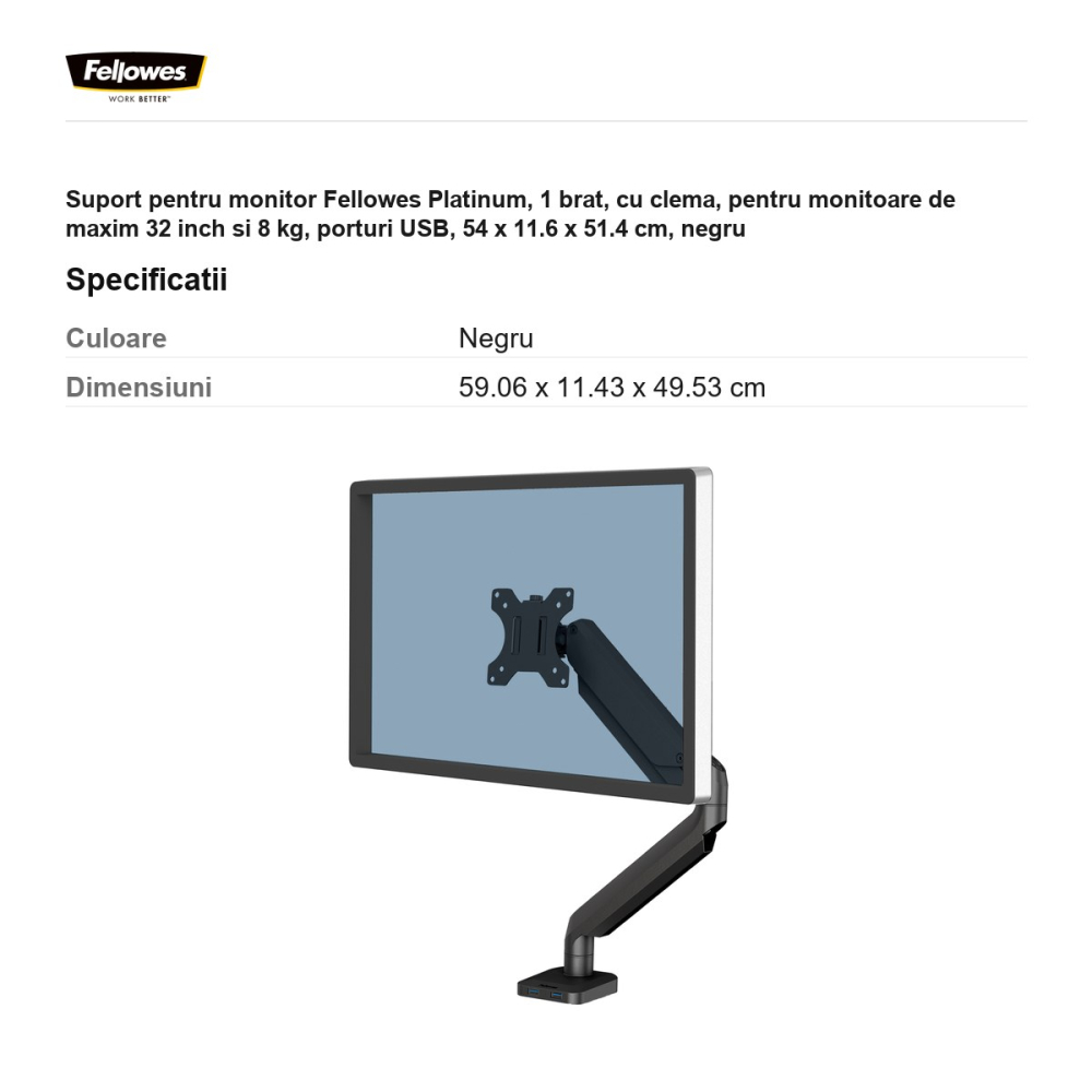 Suport pentru monitor Fellowes Platinum, 1 brat, cu clema, pentru monitoare de maxim 32 inch si 8 kg, porturi USB, 54 x 11.6 x 51.4 cm, negru [3]