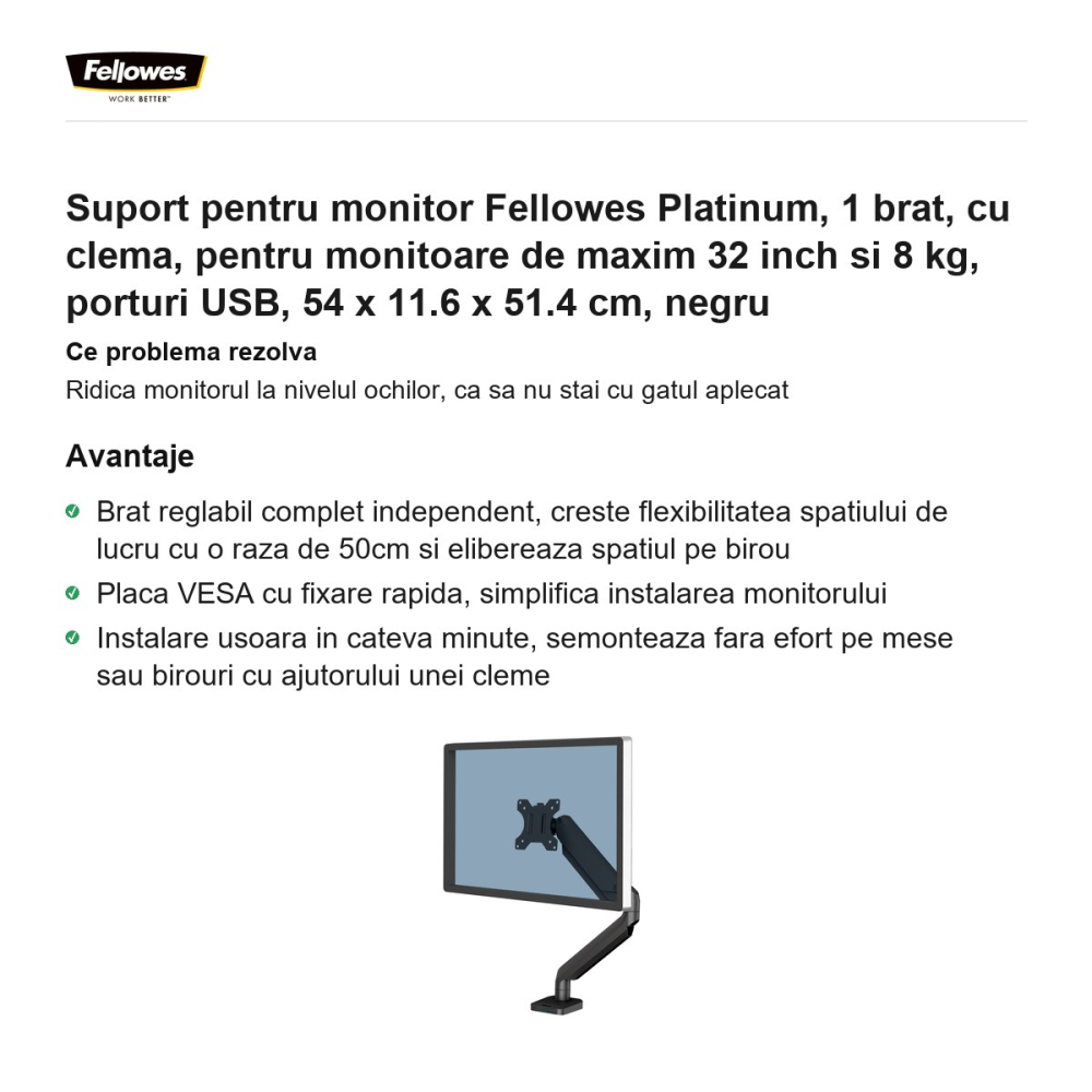 Suport pentru monitor Fellowes Platinum, 1 brat, cu clema, pentru monitoare de maxim 32 inch si 8 kg, porturi USB, 54 x 11.6 x 51.4 cm, negru [2]