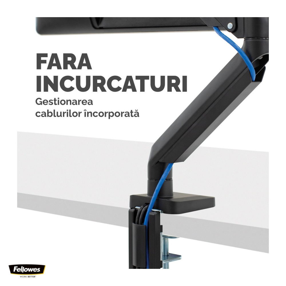 Suport pentru monitor Fellowes Platinum, 1 brat, cu clema, pentru monitoare de maxim 32 inch si 8 kg, porturi USB, 54 x 11.6 x 51.4 cm, negru [5]